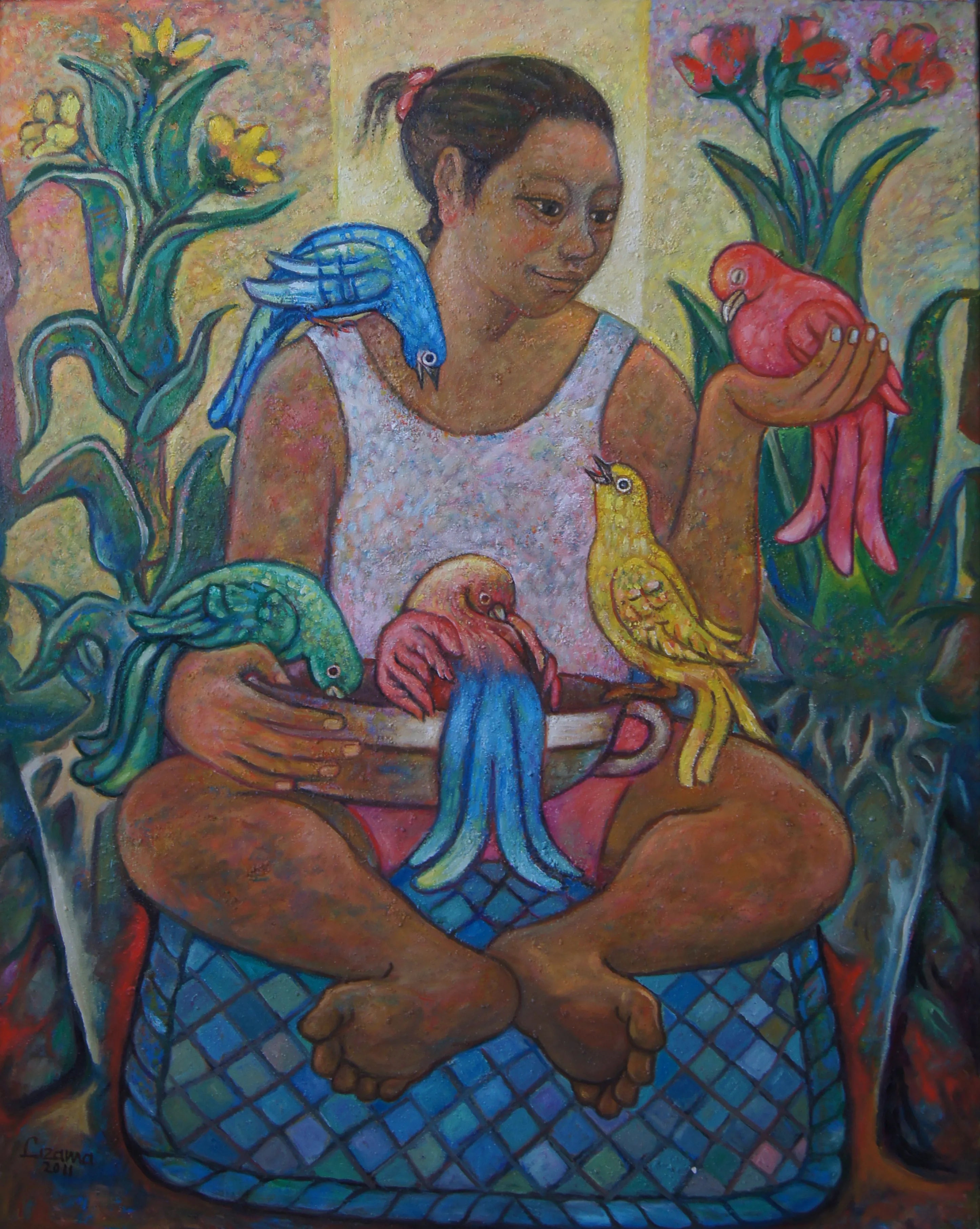 Niña con pájaros